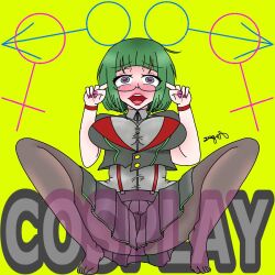 1girls artist_signature barefoot big_breasts blunt_bangs blush bobcut cosplay_(vocaloid) cosplay_gumi english_text female full_body glasses green_background green_eyes green_hair gumi heart-shaped_pupils lips lipstick makeup masa_works_design mv_character panty_peek pink_nail_polish pink_nails red_lips red_lipstick short_hair simple_background skirt solo solo_female song song_name spread_legs squatting suggestive suggestive_look suggestive_pose symbol-shaped_pupils tagme text upper_teeth_only vocaloid your.nbfriend_sage zettai_ryouiki