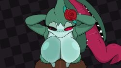 animated anthro anthro_on_anthro arms_behind_head arms_up beat_banger blush breasts checkered_background embarrassed embarrassed_female female female_pokemon green_skin istole looking_away mawile nintendo olivia_(r-mk) original original_character paizuri pokemon pokemon_(species) pov r-mk rose sharp_teeth simple_background source_request stitches titjob tongue tongue_out top_down_view undead wedding_ring year_request zombie zombie_girl