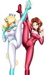 2_bodysuits 2girls blonde_hair bodysuit breasts brown_hair female female_only hair_over_one_eye irohazakayouth jpeg mario_(series) mario_kart one_eye_closed one_leg_up pauline princess_rosalina sparring