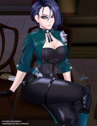 1girls aramyx blue_eyes blue_hair breasts cleavage corset crossed_legs female female_only fire_emblem fire_emblem:_three_houses fire_emblem_heroes garreg_mach_monastery jacket medium_breasts nintendo pinup shamir_nevrand short_hair skintight skintight_bodysuit solo thick_thighs wide_hips