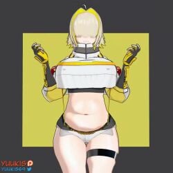 1girl 3d animated big_breasts black_topwear blonde_hair booty_shorts breasts chin_length_hair chubby chubby_belly chubby_female elegg_(nikke) female female_only gloves goddess_of_victory:_nikke hair_over_eyes jiggling_belly jiggling_breasts large_breasts nipples nipples_visible_through_clothing no_sound pale-skinned_female pale_skin suspenders tagme thick_thighs thigh_strap two_tone_hair video white_jacket wide_hips yellow_gloves yuukis