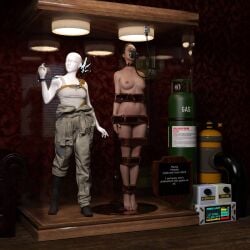 1girls 3d arms_at_sides asleep barefoot bound bound_arms bound_legs bound_neck breasts captured captured_heroine chloroform clothes_removed completely_nude completely_nude_female death_stranding defeated defeated_heroine display display_case drugged english_text eyes_closed feet forniphilia gas_mask helpless helpless_female human_furniture human_trophy immobile indoors legs_together living_statue living_trophy mama_(death_stranding) mannequin midriff name_tag nipples nude nude_female oldmanjaay overhead_light permanent_bondage plaque pussy_obscured sign solo_female stasis_chamber stationary_restraints stripped stripped_naked suspension suspension_bondage trophy_case unconscious