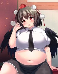 bbw belly_overhang big_belly big_female black_hair blush chubby chubby_female embarrassed fat fat_ass fat_female fat_fetish fat_girl fat_woman fatty large_female nerizou obese obese_female overweight overweight_female pig plump pork_chop shameimaru_aya tengu thick_thighs touhou tubby weight_gain