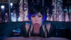 1boy 1girls 3d 3d_animation animated asian_female balls bandai_namco bedroom black_and_purple_hair blowjob bouquetman clothed_female clothed_female_nude_male clothes collar cum cum_in_mouth cum_inside detailed_background erect_penis erection fellatio female hairy_penis lipstick lipstick_mark lipstick_on_penis longer_than_30_seconds looking_at_viewer male naked_male namco nude_male oral oral_sex orgasm_effects penis penis_in_mouth pink_lipstick purple_eyes reina_mishima short_hair shorter_than_one_minute sound tagme tekken tekken_8 tomboy unseen_male_face video