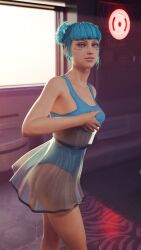 1girls 3d ass barefoot blue_hair blue_moon_(cyberpunk_2077) breasts clothed contracono cute cyberpunk cyberpunk_2077 dress female female_only grabbing_own_breast hair_buns light-skinned_female light_skin nervous revealing_clothes shy skirt small_breasts standing tied_hair translucent_clothing us_cracks