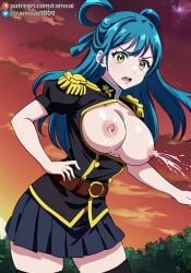 1girls ai_generated anime aqua_hair azuma_himari_(mato_seihei_no_slave) breasts female lactation large_breasts leaking_breasts mato_seihei_no_slave military_uniform milk milk_squirt petite ranwai slim stable_diffusion teenager uniform