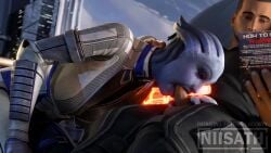 1boy 1girls 3d alien alien_girl alternate_version_available animated asari athletic_female blowjob blue_skin clothed commander_shepard deepthroat fellatio female human human_penetrating liara_t'soni light-skinned_male male maleshep mass_effect niisath partially_clothed reading sound tagme video