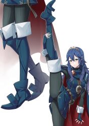 1girls ameno_(a_meno0) ass belt blue_eyes blue_hair boots breasts cape female female_only fingerless_gloves fire_emblem fire_emblem_awakening gloves hair_between_eyes leg_grab leg_up long_sleeves looking_at_viewer lucina_(fire_emblem) multiple_views nintendo pantyhose small_breasts solo split standing standing_on_one_leg standing_split sweater symbol-shaped_pupils thigh_boots thighs tiara white_background wrist_cuffs