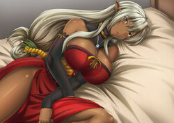 1girls 2014 bed bol_(artist) bol_(liliymimi) brown_skin dark_elf elf half_drow nitroplus sansei_muramasa soukou_akki_muramasa