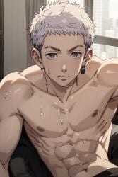 1boy abs ai_generated anime anime_style calm cute earrings grey_eyes grey_hair looking_at_viewer male male_focus male_only mitsuya_takashi muscular muscular_male necklace pale-skinned_male pale_skin shirtless solo solo_focus solo_male sweat sweating sweaty sweaty_body takashi_mitsuya tokyo_revengers white_eyes white_hair