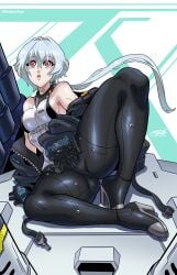 1girls cyberpunk darkereve female female_only heels hi_res long_hair noir_(synduality_noir) red_eyes sitting solo synduality_noir thick_thighs white_hair