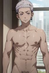 1boy abs ai_generated anime anime_style calm cute dick earrings grey_eyes grey_hair looking_at_viewer male male_focus male_only mitsuya_takashi muscular muscular_male necklace pale-skinned_male pale_skin solo solo_focus solo_male sweat sweating sweaty sweaty_body takashi_mitsuya tokyo_revengers white_eyes white_hair