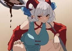 1girls big_breasts breasts cleavage clothed_female crouching horns light-skinned_female moriforest1040 pointy_ears red_eyes red_horns sharp_teeth sheep_girl solo solo_female spoon thighs touhou white_background yuuma_toutetsu