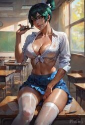 1girls ai_generated blue_skirt bow bra breasts chalkboard classroom cleavage desk green_hair hairbow indoors kiriko_(overwatch) large_breasts looking_at_viewer navel nipple_bulge on_desk overwatch overwatch_2 panties panty_peek pantyshot pen philon pleated_skirt ponytail school_desk school_uniform schoolgirl shirt sitting skirt solo stable_diffusion thighhighs thighs tied_shirt toned underwear white_bra white_panties white_thighhighs window