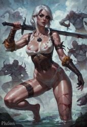 1girls abs ai_generated arm_strap armor bare_shoulders barefoot blood blood_on_face breasts cd_projekt_red ciri cloud cloudy_sky collarbone corset cuts eyeshadow facial_scar female female_pubic_hair fingerless_gloves freckles gloves green_eyes half_updo highleg holding holding_sword holding_weapon injury jewelry large_breasts lips long_hair looking_at_viewer mascara multiple_boys muscular necklace nipple_slip nipples outdoors pale-skinned_female panties pendant petite philon pointy_ears pubic_hair runny_makeup scar scar_on_face seductive_eyes seductive_look seductive_mouth see-through shiny_skin side-tie_panties single_hair_bun skinny sky slim solo_focus stable_diffusion swamp sword temeria the_witcher_(series) the_witcher_3:_wild_hunt thigh_strap thighs tied_hair torn_clothes underwear water weapon wet wet_clothes white_hair white_panties witch witcher_medallion
