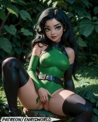 1girls ai_generated black_hair disney enris_world female female_focus female_only green_eyes kim_possible masturbating masturbation nsfw patreon patreon_username pussy shego sitting solo solo_female solo_focus spread_legs stable_diffusion