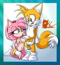 age_difference amy_rose anthro balls bedroom_eyes blue_eyes canid canine clothed clothing duo eulipotyphlan fellatio female fox fur genitals green_eyes hedgehog hi_res holding_balls kissing kneeling male male/female mammal meyk narrowed_eyes nervous oral orange_body orange_fur partially_clothed penile penis penis_kissing pink_body pink_fur seductive sega sex sonic_(series) sonic_the_hedgehog_(series) tails worried younger_male