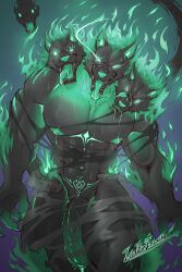 1boy 2024 3_heads anthro big_pecs big_penis biped black_body black_fur bodily_fluids bottomwear canid canid_demon canine cerberus cerberus_(fortnite) clothing colored colored_fire demon digital_media_(artwork) dripping epic_games european_mythology fangs fire foreskin fortnite fur genital_fluids genitals glowing glowing_eyes greek_mythology green_eyes green_fire green_nipples half-erect hellhound hi_res humanoid_genitalia humanoid_penis licking licking_lips licking_own_lips lionkinen looking_at_viewer male male_only mammal monster multi_head muscular muscular_anthro muscular_male mythological_canine mythological_creature mythology navel nightmare_husbando nipples open_mouth open_smile pecs penis portrait precum precum_drip public_domain saliva smile solo sweat teeth three-quarter_portrait tongue tongue_out torn_bottomwear torn_clothing