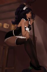 1girl 1girls awolfer big_ass big_butt boob_window breasts cleavage dark-skinned_female dark_skin female female_focus female_only finger_on_lip forehead_gem forehead_jewel french_maid french_maid_nidalee gem_on_forehead hi_res high_heels high_res high_resolution highres jewel_on_forehead june_(artist) league_of_legends long_fingernails looking_at_viewer maid maid_apron maid_dress maid_headdress maid_stockings maid_uniform nidalee ponytail ponytail_female riot_games simple_background skimpy skimpy_clothes skimpy_costume skimpy_dress skimpy_outfit the_grind_series yellow_eyes yellow_eyes_female