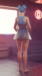 1girls 3d ass barefoot blue_hair blue_moon_(cyberpunk_2077) breasts clothed contracono cute cyberpunk cyberpunk_2077 dress female female_only grabbing_own_breast hair_buns light-skinned_female light_skin nervous revealing_clothes shy skirt small_breasts standing tagme tied_hair translucent_clothing us_cracks