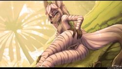 2017 anthro anus ass black_bars breasts canine digital_media_(artwork) female fur grass hair iontoon long_hair looking_at_viewer mammal nipples pink_hair presenting presenting_hindquarters pussy pussy_juice sitting solo striped_fur stripes tan_fur yellow_eyes