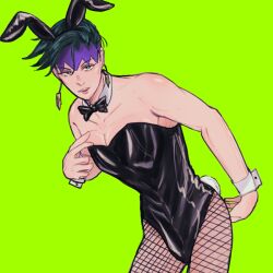 1boy artist_request bunny_boy bunny_ears bunnysuit diamond_is_unbreakable fake_animal_ears fake_rabbit_ears fishnets green_background jojo's_bizarre_adventure male male_only male_playboy_bunny playboy_bunny rohan_kishibe solo tagme_(artist) twink waka_onikura