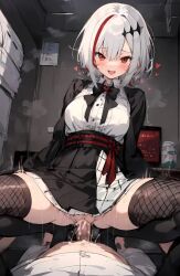 1boy 1girls ai_generated bedroom big_breasts bowtie clothed_sex cowgirl_position cum_in_pussy cum_inside dtto. fishnet_stockings multicolored_hair orgasm orgasm_face pale_skin red_eyes red_hair shirt skirt smile thick_thighs thighhighs virtual_youtuber vtuber white_hair white_shirt