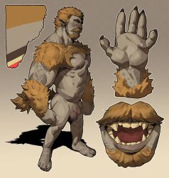 1boy abs bara beard blonde_hair body_fur colored_skin completely_nude concept_art disembodied_limb facial_hair fingernails flaccid from_side full_body grey_skin highres large_pectorals looking_at_viewer male_focus mature_male monster_boy muscular muscular_male nipples nude original pectorals penis pointy_ears profile roamingthrough1 rock_boy sharp_fingernails short_hair sideways_glance standing thick_arms thick_beard thick_eyebrows thick_mustache