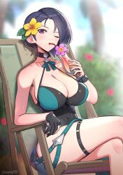 1girls absurdres alternate_costume bare_shoulders beach_chair black_choker black_gloves black_hair black_one-piece_swimsuit black_swimsuit breasts casual_one-piece_swimsuit choker cocktail_glass commentary crossed_legs cup drinking drinking_glass drinking_straw female female female_only fire_emblem fire_emblem:_three_houses fire_emblem_heroes flower gloves gonzarez green_one-piece_swimsuit hair_flower hair_ornament halterneck hibiscus highres holding holding_cup large_breasts looking_at_viewer nintendo official_alternate_costume one-piece_swimsuit one_eye_closed partially_fingerless_gloves purple_eyes revision shamir_nevrand shamir_nevrand_(summer) short_hair single_glove sitting solo swimsuit thigh_strap tropical_drink two-tone_swimsuit yellow_flower