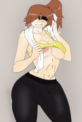 after_exercise black_leggings black_sclera bulge bulge_through_clothing enpety5172 fit_female fit_futanari futa_only futanari leggings nur_valmy ponytail smiling steaming_body sweaty towel yellow_shirt