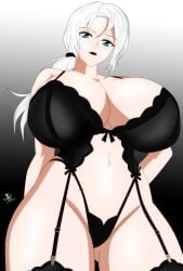 akinama_family_(noir-black-shooter) big_breasts black_lingerie blue_eyes breasts female gigantic_breasts gilf grey_hair huge_breasts lingerie matriarch_raiko_kashiwasaki_(noir-black-shooter) milf noir-black-shooter oc original original_character raiko_kashiwasaki_(noir-black-shooter) silver_hair