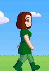 animated artist_request brown_hair glasses green_dress hairless_pussy lorin pale_skin pixel_art shaved_pussy short_hair small_breasts thegloriouslori undressing