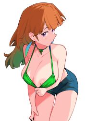 1girls areolae big_breasts bikini_top breasts dismassd female female_only gradient_hair hololive hololive_english hololive_myth light-skinned_female light_skin nipples orange_hair purple_eyes shorts solo takanashi_kiara virtual_youtuber white_background