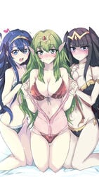 3girls bed bikini black_hair blue_eyes blue_hair blush breasts cleavage echizen_(hvcv) fire_emblem fire_emblem_awakening green_eyes green_hair large_breasts legs long_hair lucina_(fire_emblem) manakete midriff nintendo pointy_ears small_breasts smile tharja_(fire_emblem) thighs tiara tiki_(adult)_(fire_emblem) tiki_(fire_emblem) transparent_clothing