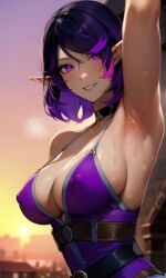 ai_generated armpit armpit_fetish big_breasts elf_ears elf_female erect_nipples medium_breasts medium_hair nipples_covered nipples_visible_through_clothing paladins paladins_champions_of_the_realm purple_ears purple_hair seductive_smile sideboob skye_(paladins) sweaty_armpit