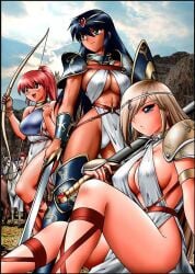 3girls antiquity armor barbarian before_sex black_hair blonde_hair bow clothed_female confident fantasy female_focus female_only female_warrior fully_clothed imminent_rape impractical_armor red_hair shingyouji_tatsuya sideboob slit_dress strong_woman sword thighs warrior weapons