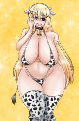 1girls bikini blonde_hair cow_girl cow_print cow_print_bikini darkness_(konosuba) kono_subarashii_sekai_ni_shukufuku_wo! large_breasts long_hair slut tk_(butakuma)