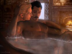 2boys 3d 3d_(artwork) 3d_model artist_name artist_signature bara bath beard beauty_mark blonde_hair closed_eyes cullen_rutherford dark-skinned_male dark_hair dark_skin dorian_pavus dragon_age dragon_age_inquisition duo facial_hair gay gay_male grabbing_head holding_partner human leofina light-skinned_male light_skin mage male male/male male_only mole moustache muscular muscular_male romantic_ambiance straight_male video_games water yaoi