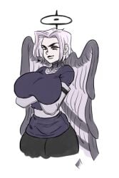 angel angel_wings anime_style black_halo black_pants breasts dark_feathers female_only gray_shirt hazbin_hotel large lute_(hazbin_hotel) source_request vivienne_medrano white_hair white_skin