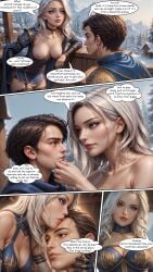 ai_generated apogeeblack ashe_(league_of_legends) blue_dress blue_eyes breast_press breasts choker cleavage comic eye_contact female french_kiss kissing large_breasts league_of_legends long_hair nipples nude tongue white_hair