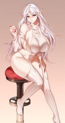 big_breasts nat19 red_nails satsumaru sitting sitting_on_chair vestige_of_ophiuchus virgin_destroyer_sweater white_hair yellow_eyes