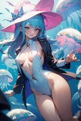 ai_generated big_hips black_coat blue_eyes blue_hair blue_lingerie boob_window character_request copyright_request hat jellyfish long_hair ocean sea tagme underwater water