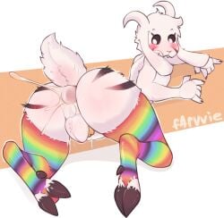 absurd_res anthro asriel_dreemurr asriel_dreemurr_(god_form) ass balls black_body black_fur blush bodily_fluids bovid cage caprine chastity_cage chastity_device clothing cum cum_in_ass cum_inside farvvie femboy fur genital_fluids genitals girly goat hi_res hooves horn legwear male male_only mammal multicolored_clothing multicolored_legwear multicolored_stockings open_mouth precum rainbow_clothing rainbow_legwear rainbow_stockings raised_tail short_tail simple_background solo stockings tail undertale undertale_(series) white_background white_body white_fur