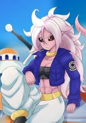 1girls abs android_21 android_21_(evil) arabian_clothes belly_button black_sclera collar dragon_ball dragon_ball_fighterz dragon_ball_z fusion_character jacket jacket_open jewelry long_hair majin_android_21 navel pink_body pink_skin pointy_ears red_eyes six_pack small_breasts spiked_hair spiky_hair sword tail white_hair