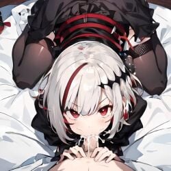 1boy 1girls ai_generated blowjob clothed_sex cum_in_mouth dtto. looking_at_viewer on_bed pale-skinned_female pale_skin red_eyes shirt skirt stockings stray_pubic_hair thighs virtual_youtuber vtuber white_hair