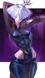 a.k.i. asian asian_female capcom front_view impossible_hair juaagacgy red_eyes red_lipstick smile street_fighter street_fighter_6 tight_clothing white_hair