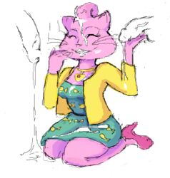 anthro bojack_horseman bukkake closed_eyes clothing cum cum_on_clothing cum_on_face disembodied_penis dogmalord dress faceless_male feline female footwear fur high_heels jacket jewelry male mammal necklace penis pink_fur princess_carolyn shoes smile whiskers