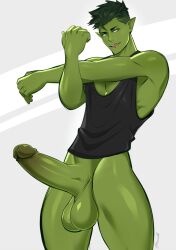 1boy balls beast_boy boner clothed clothing dc dc_comics erection gasaiv gay gay_male genitals green_body hair hi_res human humanoid humanoid_genitalia male male_only mammal penis solo teen_titans yaoi