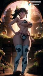 ai_generated big_breasts bikini bikini_bottom bikini_top blue_hair blush breasts breasts_out breasts_squeezed_together cow_print cowbell demon_slayer female_focus female_only kimetsu_no_yaiba looking_at_viewer nipples nude outdoors outside pussy solo solo_female solo_focus stable_diffusion sunlight sunset tattoo thighs tsuyuri_kanao wrecker_rioter yuga