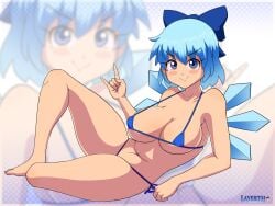 1girls bikini blue_bow blue_eyes blue_hair breasts cirno fairy female highres large_breasts layerth looking_at_viewer smile touhou watermark